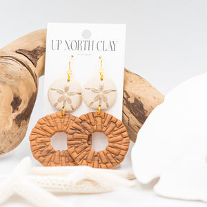 Statement Sand Dollar and Polymer Clay Rattan Earrings